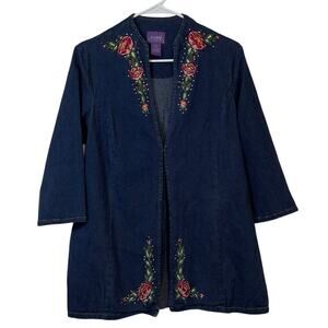 Suzanne Somers Embroidered Floral Rhinestone Denim Shirt Size S Hook Closure